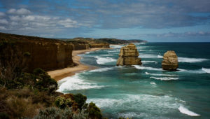 The limestone and sandstone rock stacks of Gog and Magog off the Great Ocean Road in Victoria